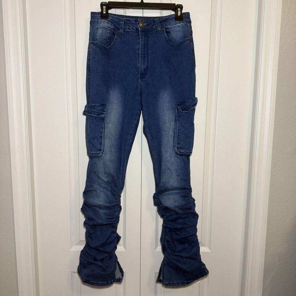 Redfox Women’s High Waisted Cargo Jogger Stacked Jeans Side Pockets Size Large